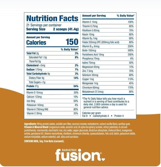 Bariatric Fusion Vanilla High Protein Meal Replacement Shake | 27g Whey Isolate Bariatric Protein Powder | Lactose Free Whey Protein Powder | Gluten and Sugar Free | 21 Servings