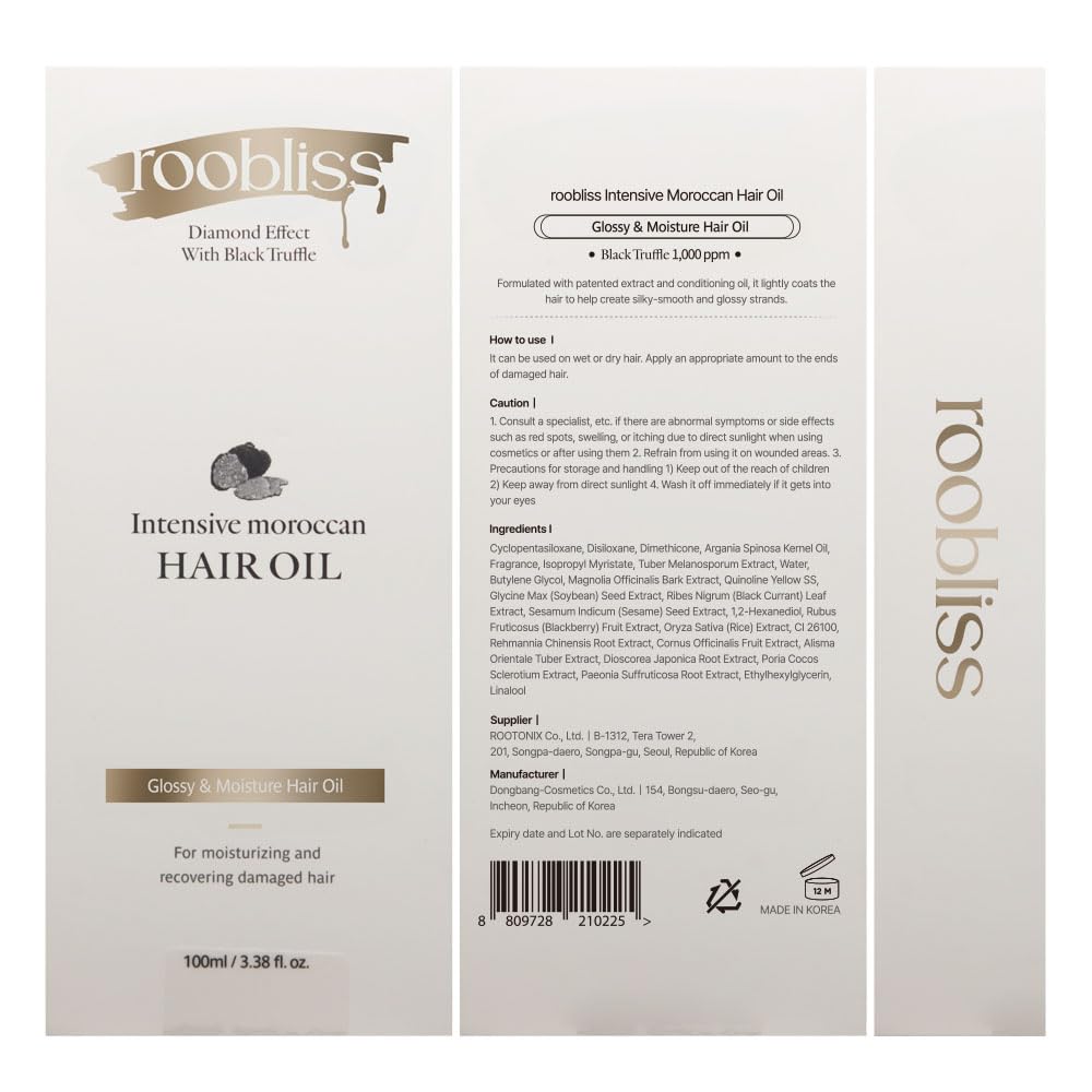 ROOBLISS Intensive Moroccan Hair Oil, Organic Argan Oil with Black Truffle for Shine & Frizz Control, Heat Protectant Hair Serum for Dry & Damaged Hair, Korean Hair Care (3.38 Fl Oz / 100ml)