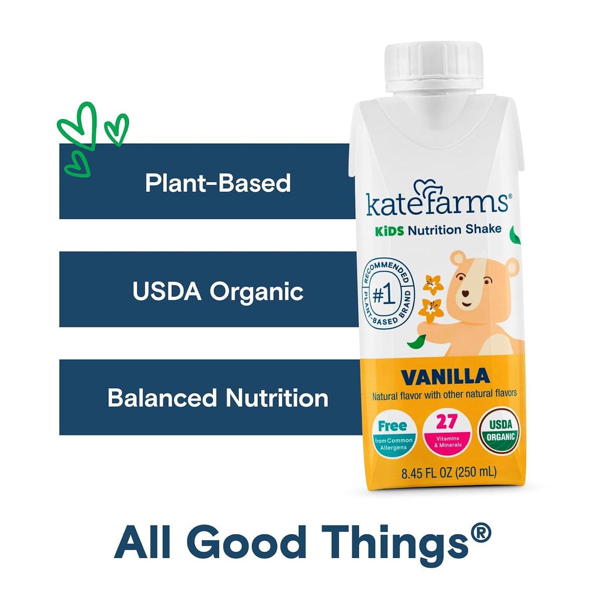 KATE FARMS Organic Kids Nutrition Shake, Vanilla, 8g of protein, 27 Vitamins and Minerals, Meal Replacement Drink, Protein Shake, Gluten Free, Non-GMO, 8.45 Fl oz (Pack of 12)