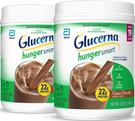 Glucerna Hunger Smart Diabetes Care Powder, Classic Chocolate, Diabetic Snack Replacement to Support Blood Sugar Management, 22g Protein, 130 Calories, 22.3 Oz, 2 Pack