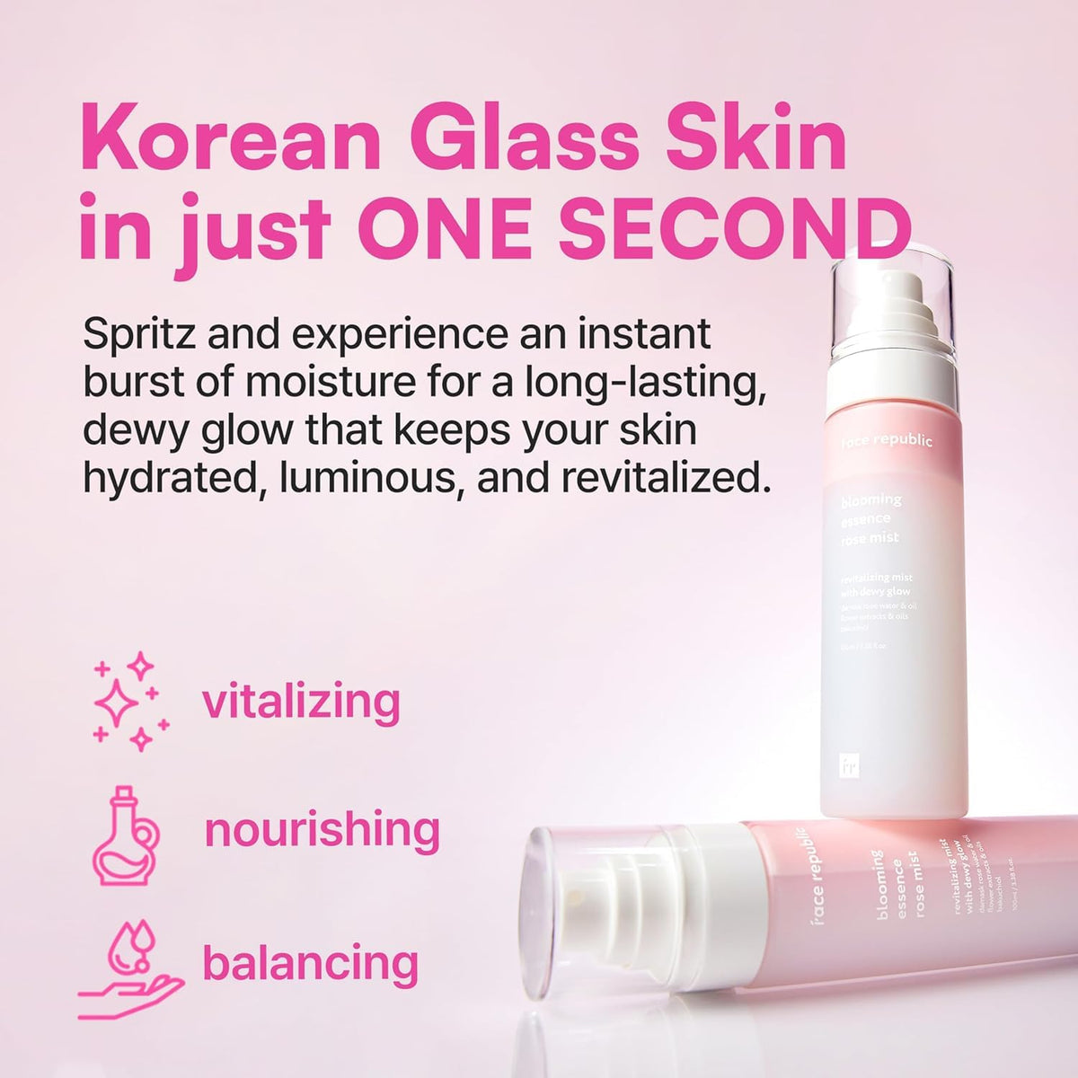Face Republic Blooming Essence Rose Mist 100ml 3.38 fl oz | Instant Glass Skin | All In One Mist | Revitalizing, Nourishing, Deep Hydration, Dewy Glow | Damask Rose, Bakuchiol | Vegan Korean Skin Care