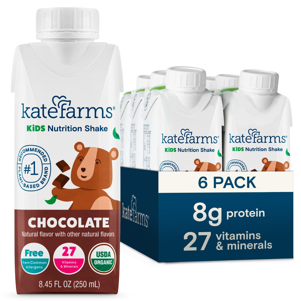 KATE FARMS Organic Kids Nutrition Shake, Vanilla, 8g of protein, 27 Vitamins and Minerals, Meal Replacement Drink, Protein Shake, Gluten Free, Non-GMO, 8.45 Fl oz (Pack of 12)