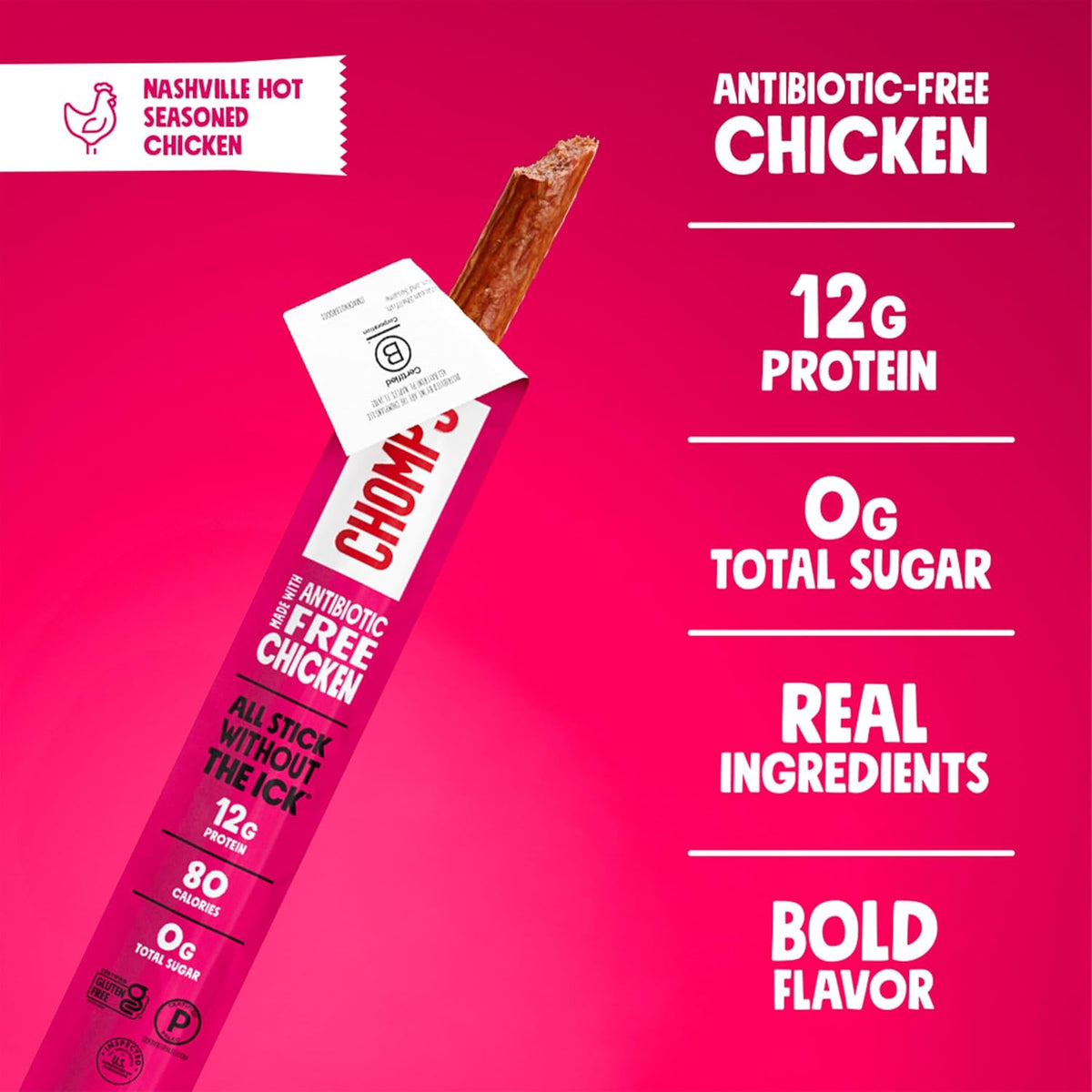 Chomps Nashville Hot Chicken, Antibiotic Free, 24ct, Protein Snack Stick