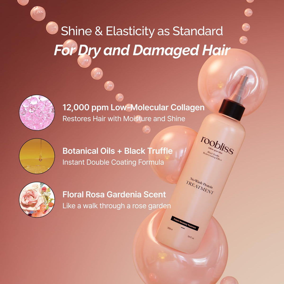 roobliss No-Wash Leave In Hair Treatment - Black Truffle Protein & Collagen Hair Repair for Damaged or Dry Hair | Lightweight Detangling & Frizz Control | Korean Hair Care | 10 fl oz / 300 mL