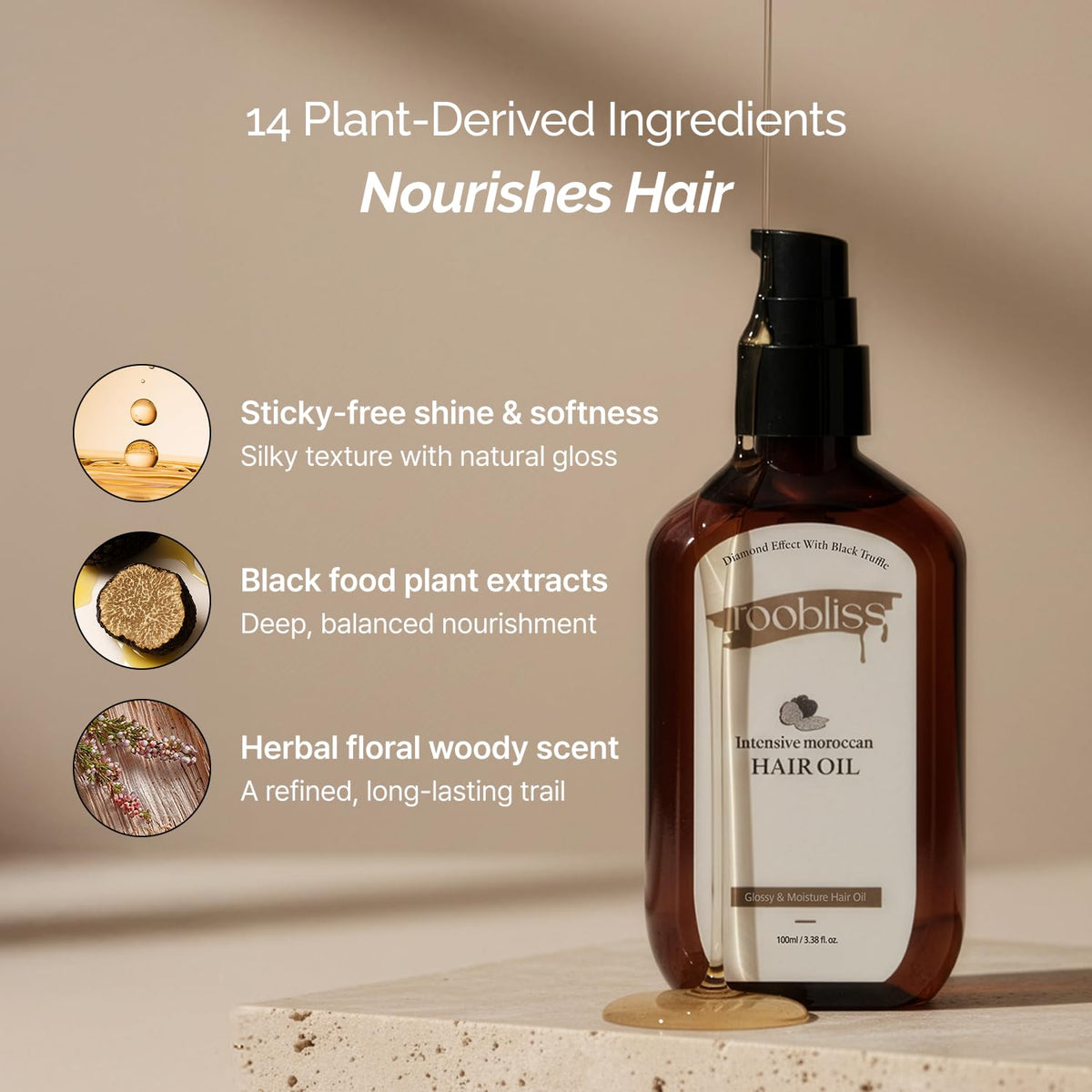 ROOBLISS Intensive Moroccan Hair Oil, Organic Argan Oil with Black Truffle for Shine & Frizz Control, Heat Protectant Hair Serum for Dry & Damaged Hair, Korean Hair Care (3.38 Fl Oz / 100ml)