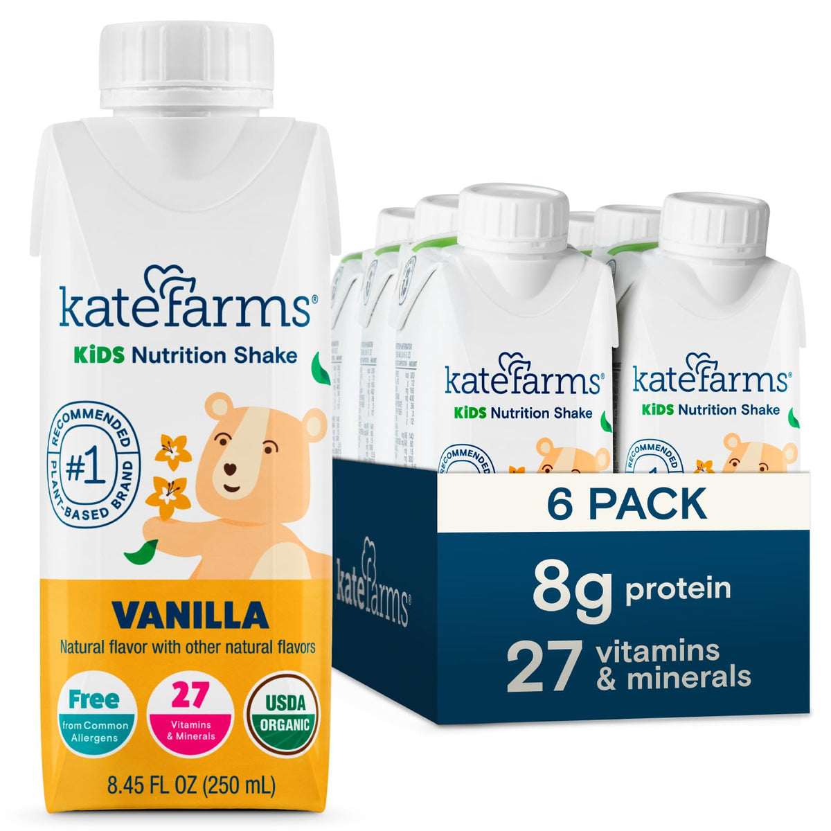 KATE FARMS Organic Kids Nutrition Shake, Vanilla, 8g of protein, 27 Vitamins and Minerals, Meal Replacement Drink, Protein Shake, Gluten Free, Non-GMO, 8.45 Fl oz (Pack of 12)