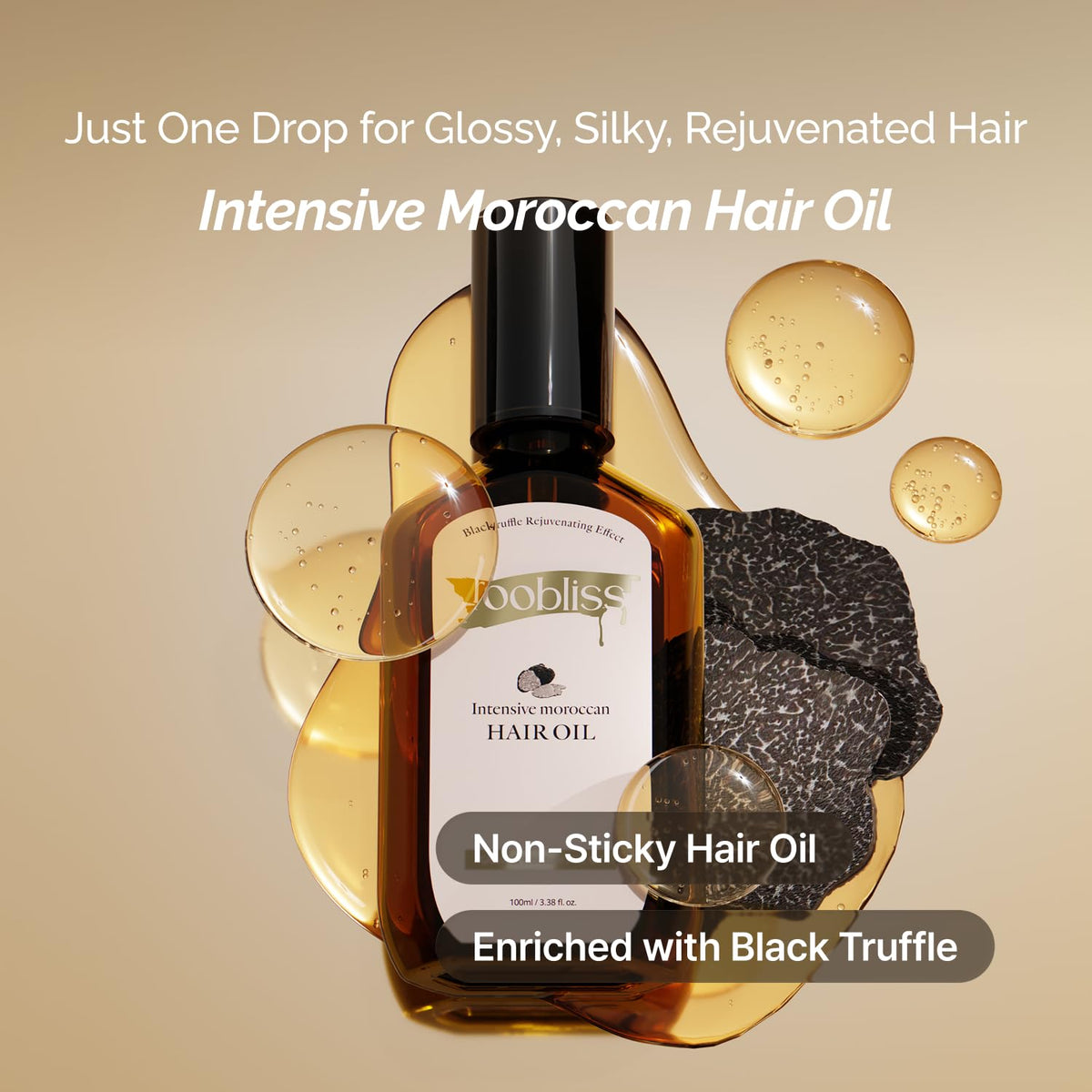 ROOBLISS Intensive Moroccan Hair Oil, Organic Argan Oil with Black Truffle for Shine & Frizz Control, Heat Protectant Hair Serum for Dry & Damaged Hair, Korean Hair Care (3.38 Fl Oz / 100ml)