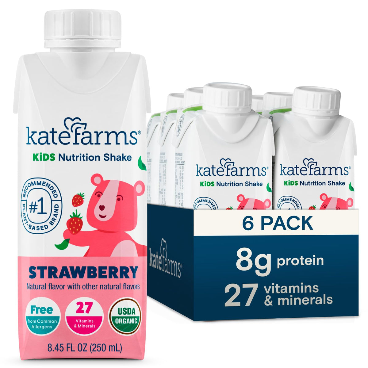 KATE FARMS Organic Kids Nutrition Shake, Vanilla, 8g of protein, 27 Vitamins and Minerals, Meal Replacement Drink, Protein Shake, Gluten Free, Non-GMO, 8.45 Fl oz (Pack of 12)