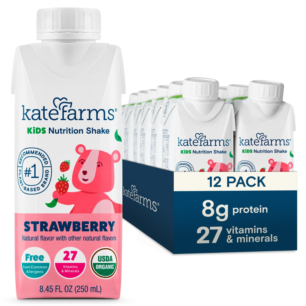 KATE FARMS Organic Kids Nutrition Shake, Vanilla, 8g of protein, 27 Vitamins and Minerals, Meal Replacement Drink, Protein Shake, Gluten Free, Non-GMO, 8.45 Fl oz (Pack of 12)