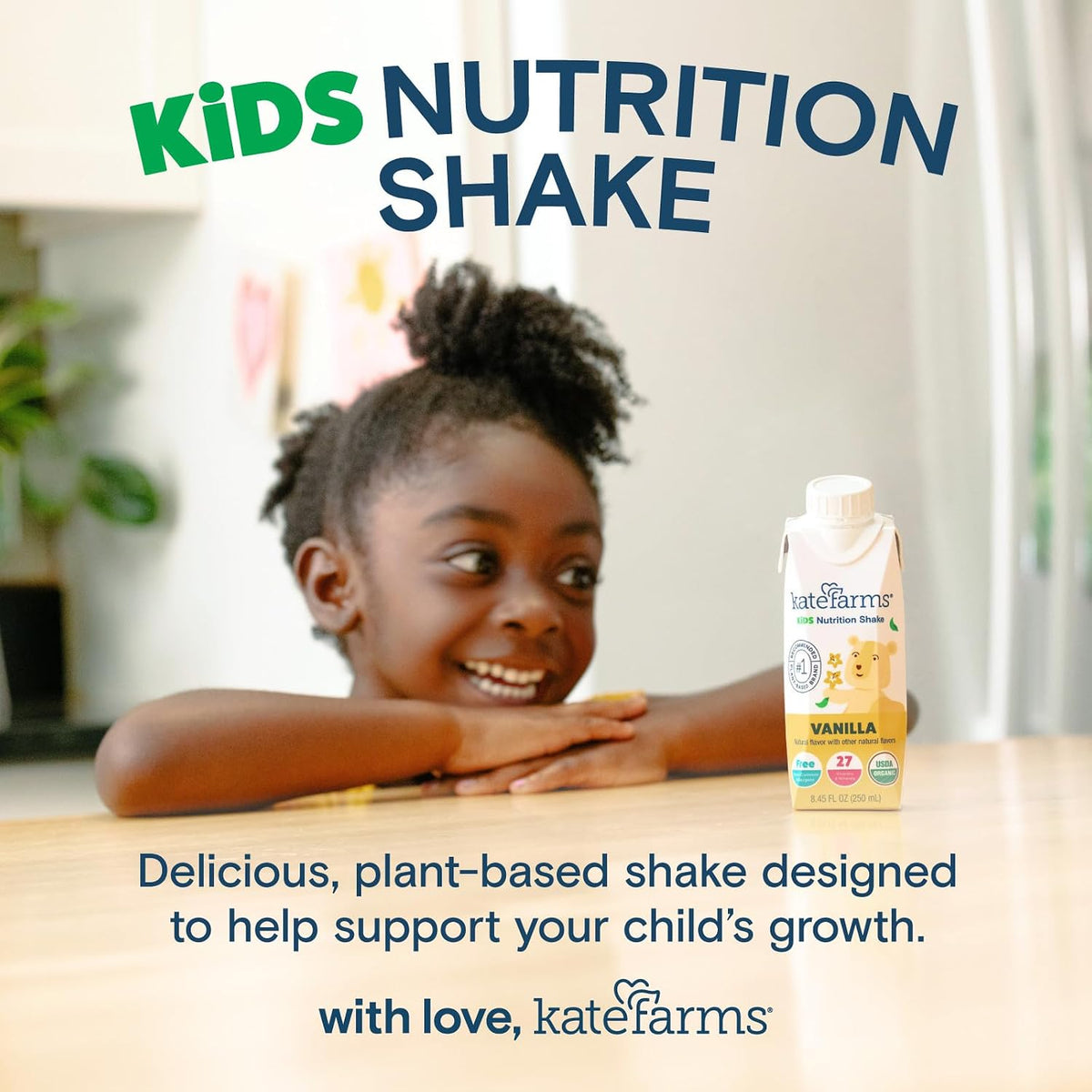 KATE FARMS Organic Kids Nutrition Shake, Vanilla, 8g of protein, 27 Vitamins and Minerals, Meal Replacement Drink, Protein Shake, Gluten Free, Non-GMO, 8.45 Fl oz (Pack of 12)
