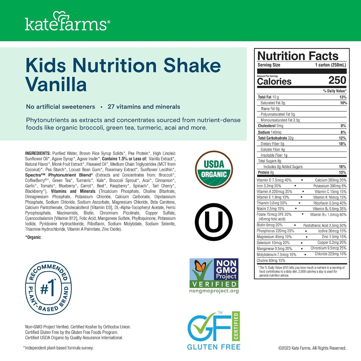 KATE FARMS Organic Kids Nutrition Shake, Vanilla, 8g of protein, 27 Vitamins and Minerals, Meal Replacement Drink, Protein Shake, Gluten Free, Non-GMO, 8.45 Fl oz (Pack of 12)