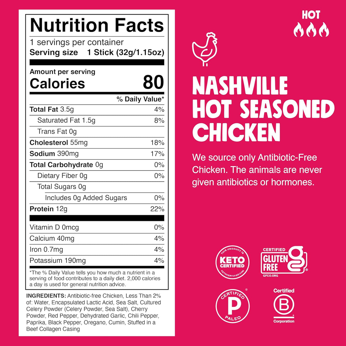 Chomps Nashville Hot Chicken, Antibiotic Free, 24ct, Protein Snack Stick